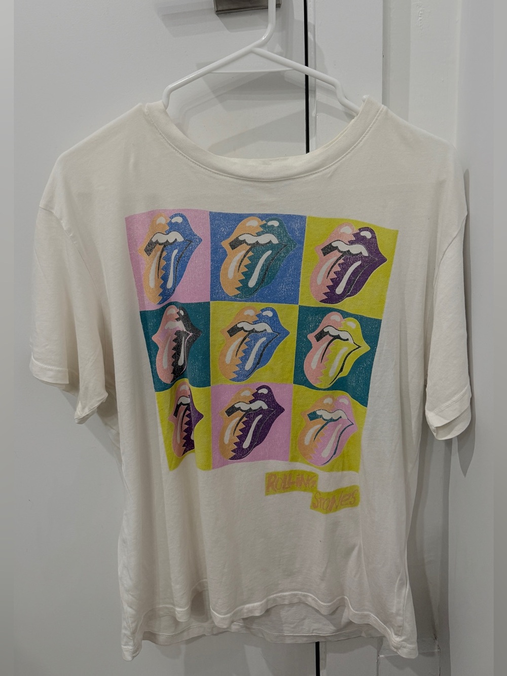 the Rolling Stones Cream Tee with Multicolor Pop Tongue Grid